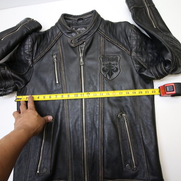 Affliction Black Premium Limited Leather Jacket Mens L fits Slim Cross Back Moto - Picture 14 of 16
